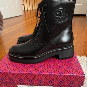 Tory Burch Black Combat Moto Boots with Chunky Sole and Lace-Up Closure